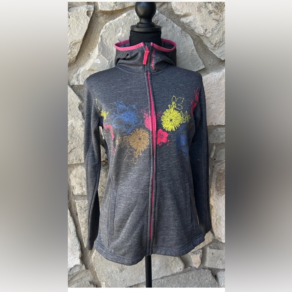 Helly Hansen Womens Full Zip Hoodie‎ Small Gray Heathered Embroidered Flowers EC